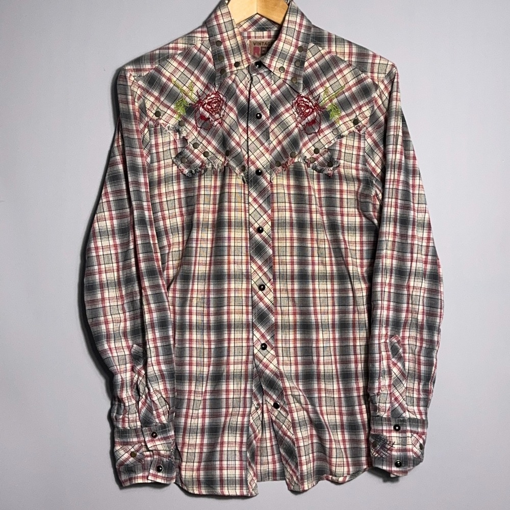Vintage Red Shirt Mens Size Large Western Embroidered Cowboy Plaid Rock Rodeo
